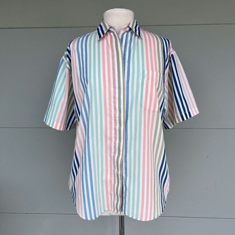 VTG 80s Corner Stone Pastel Stripe Shirt L XL Oversized Short Sleeve Button Up